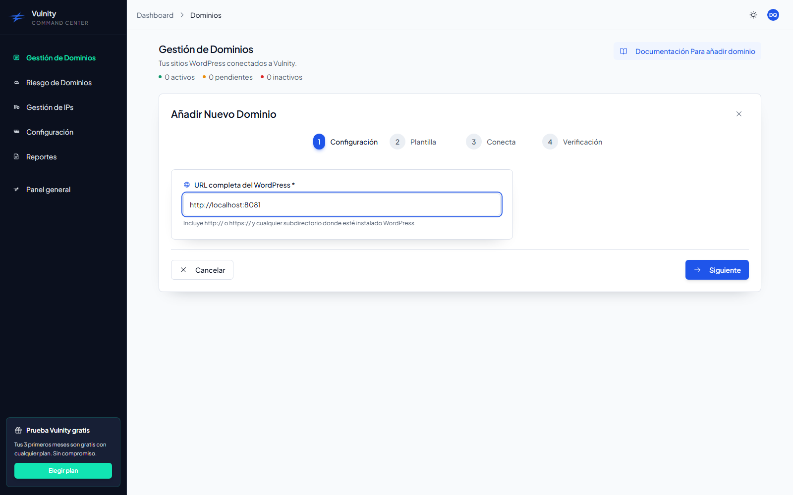 Add domain form in the panel