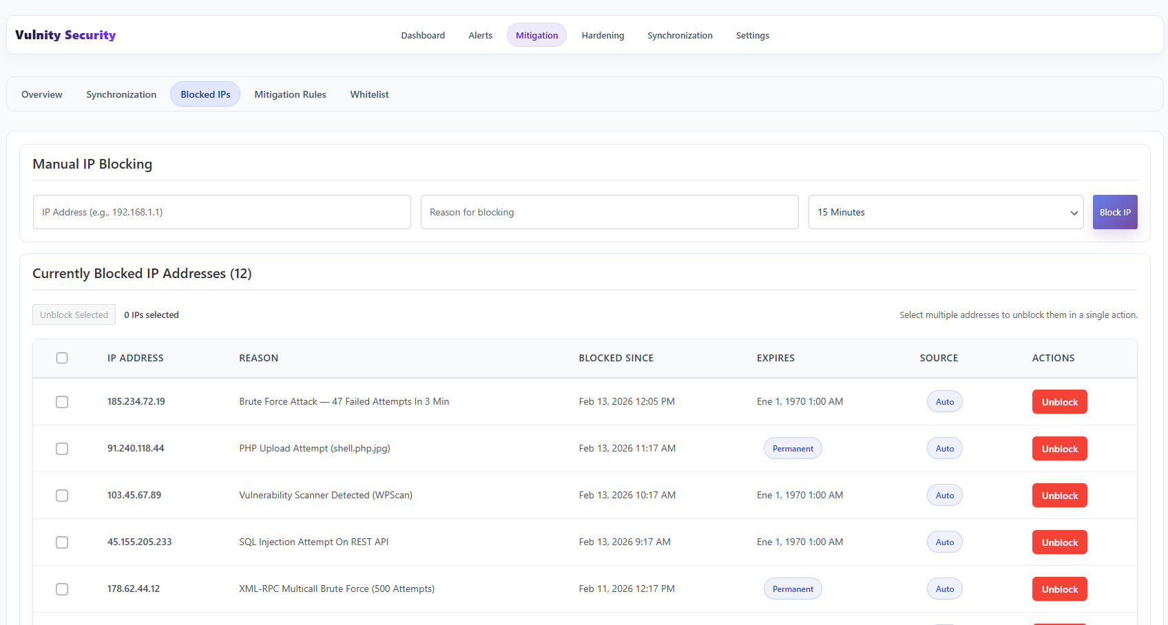 Blocked IPs interface