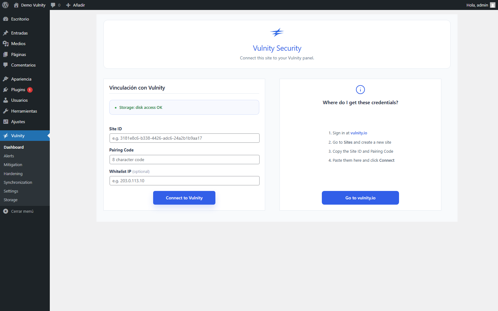 Manual setup screen of the plugin