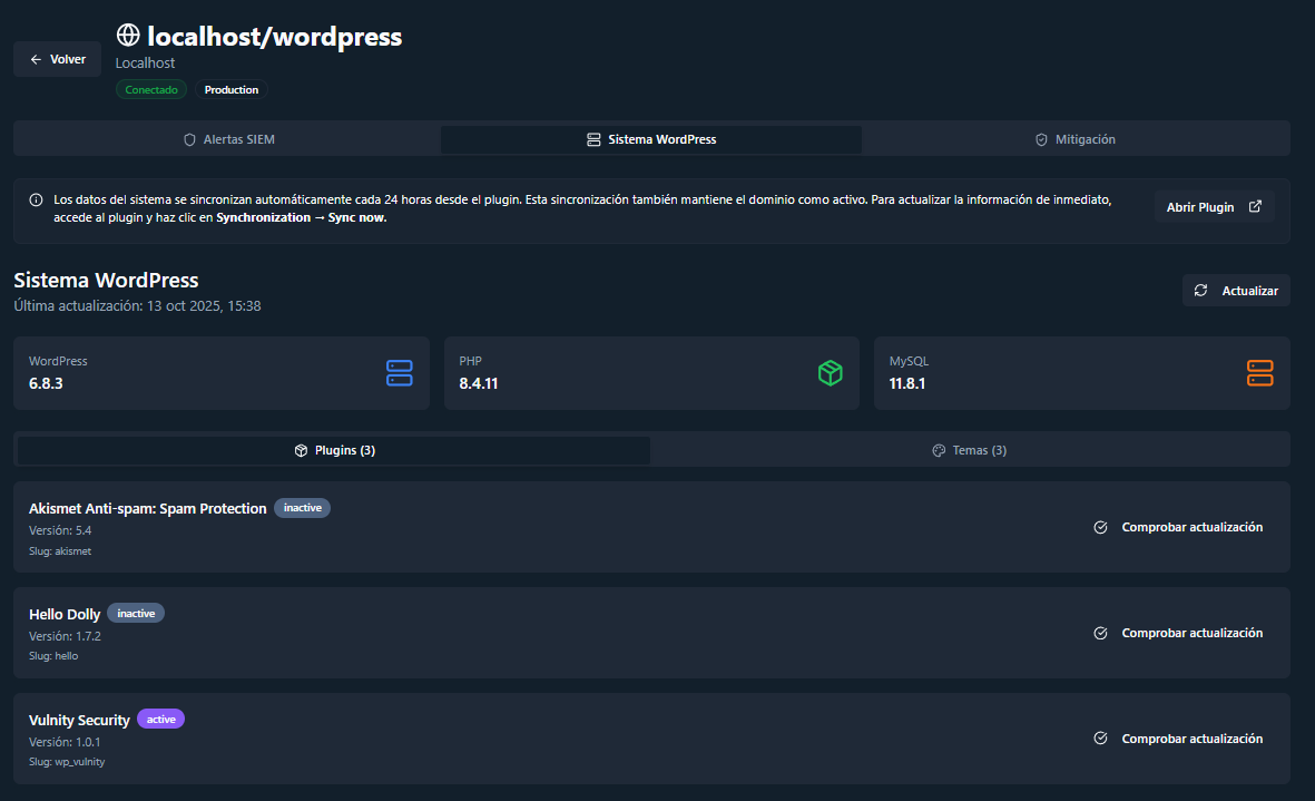 WordPress system dashboard